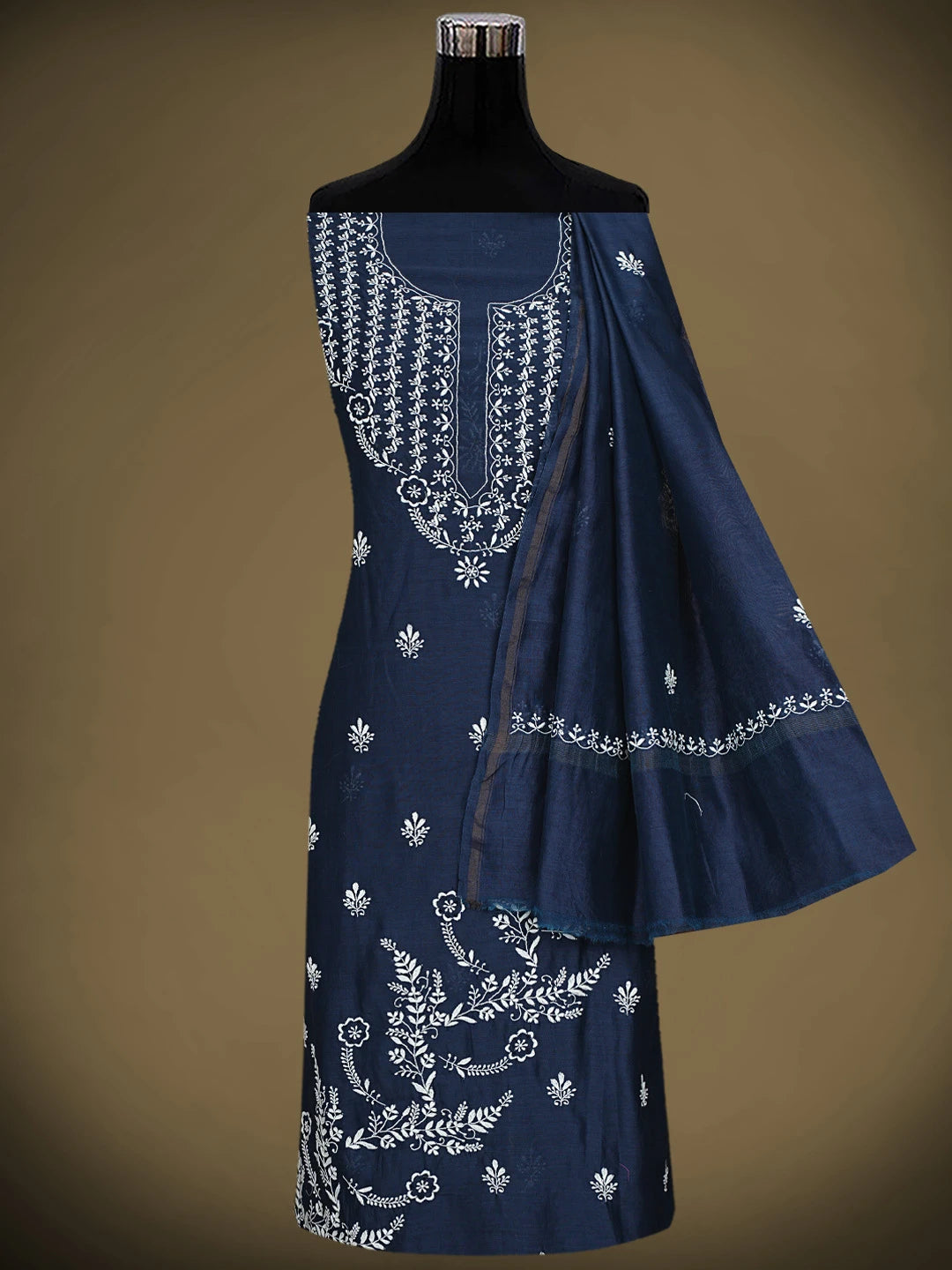Ada Hand Embroidered Navy Blue Chanderi Lucknowi Chikankari Unstitched Kurta Dupatta Set 01A918291