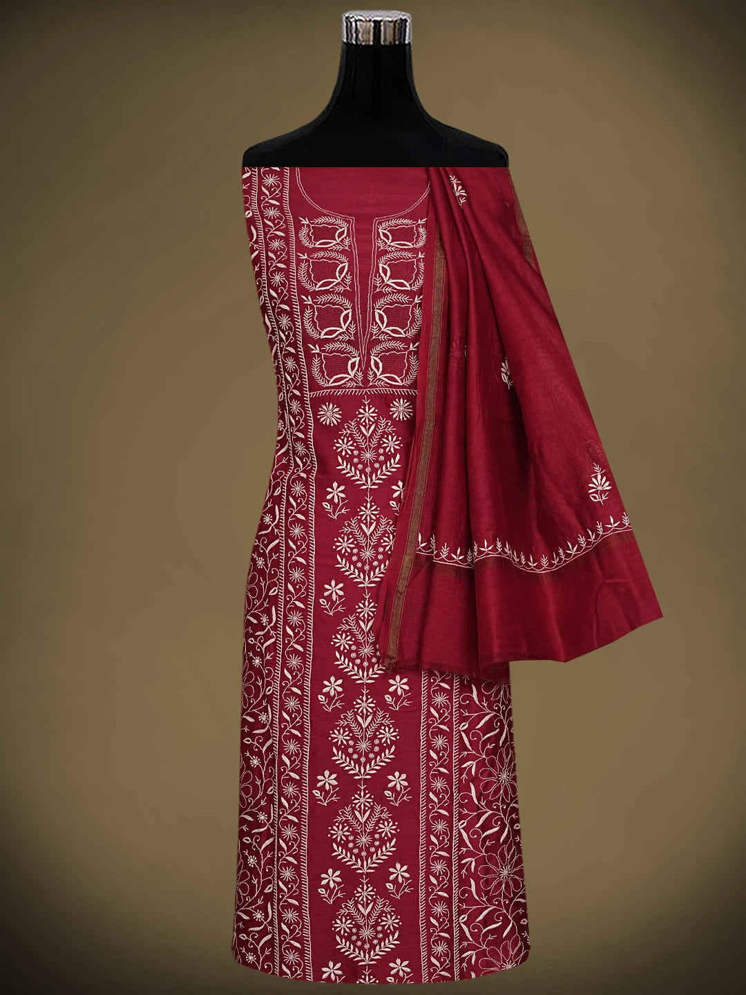 Ada Hand Embroidered Maroon Chanderi Lucknowi Chikankari Unstitched Kurta Dupatta Set 01A923333