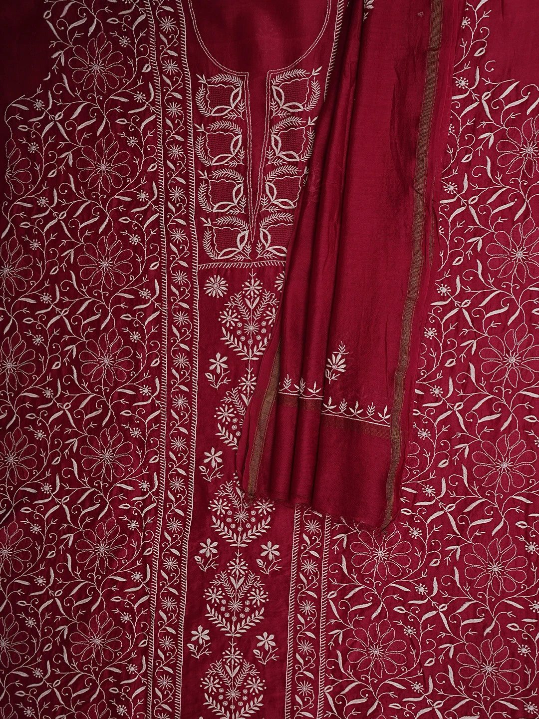 Ada Hand Embroidered Maroon Chanderi Lucknowi Chikankari Unstitched Kurta Dupatta Set 01A923333