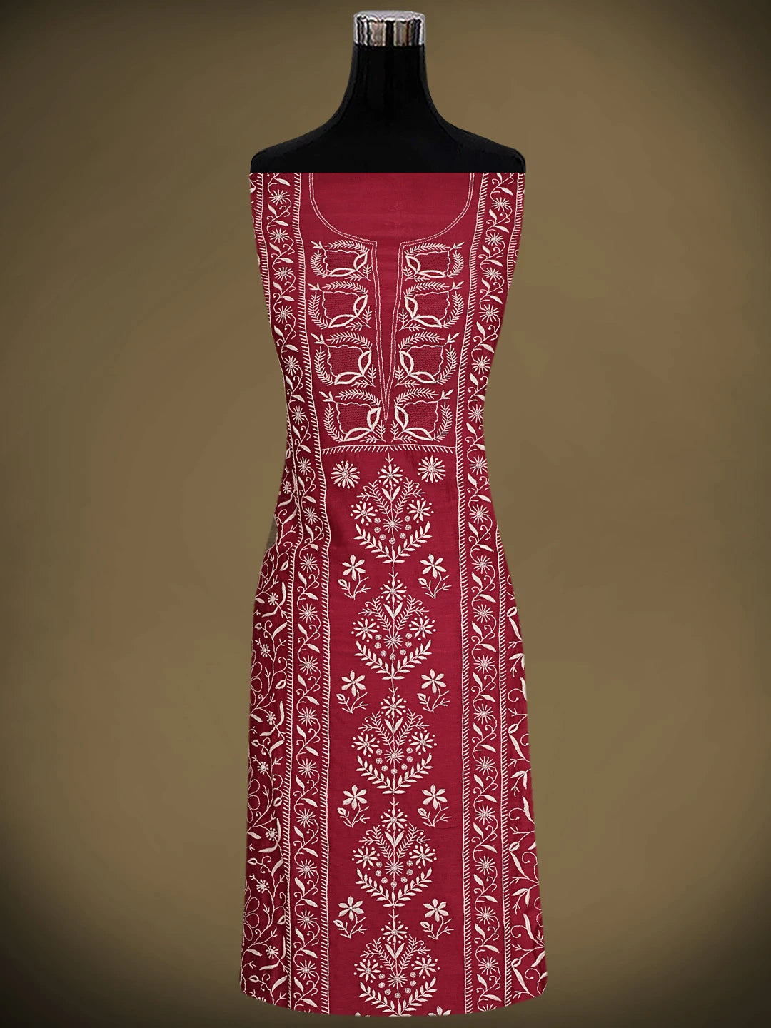 Ada Hand Embroidered Maroon Chanderi Lucknowi Chikankari Unstitched Kurta Dupatta Set 01A923333