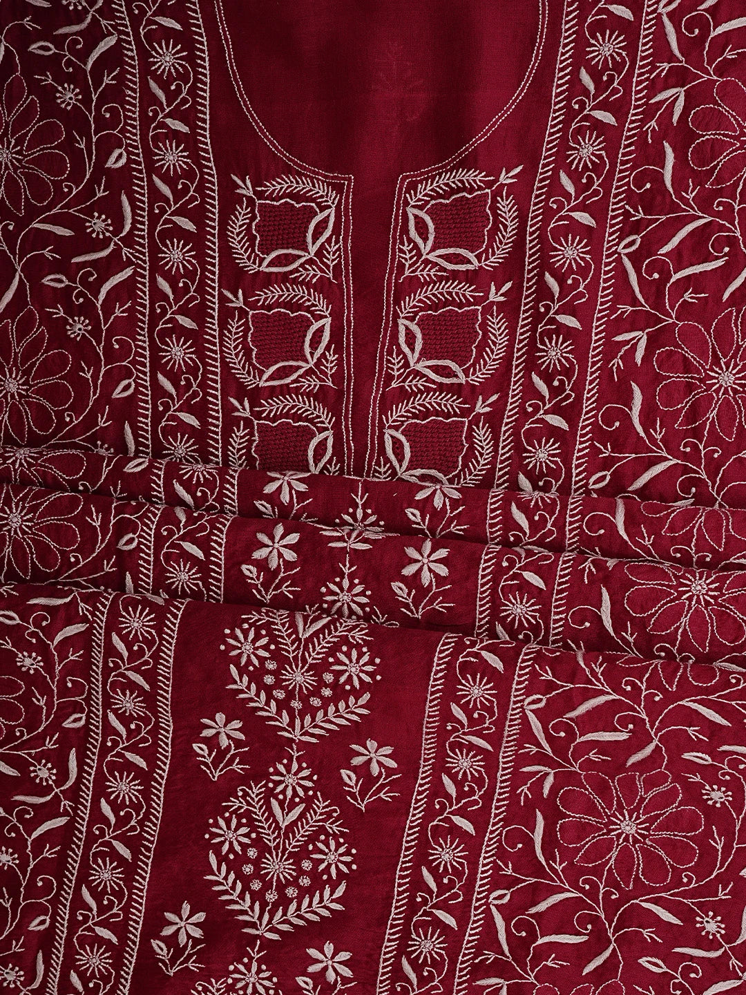 Ada Hand Embroidered Maroon Chanderi Lucknowi Chikankari Unstitched Kurta Dupatta Set 01A923333