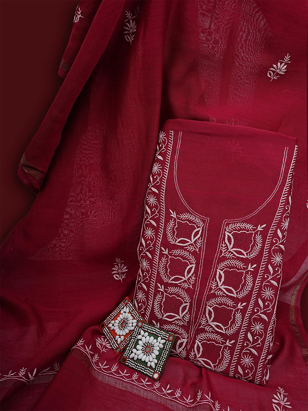 Ada Hand Embroidered Maroon Chanderi Lucknowi Chikankari Unstitched Kurta Dupatta Set 01A923333