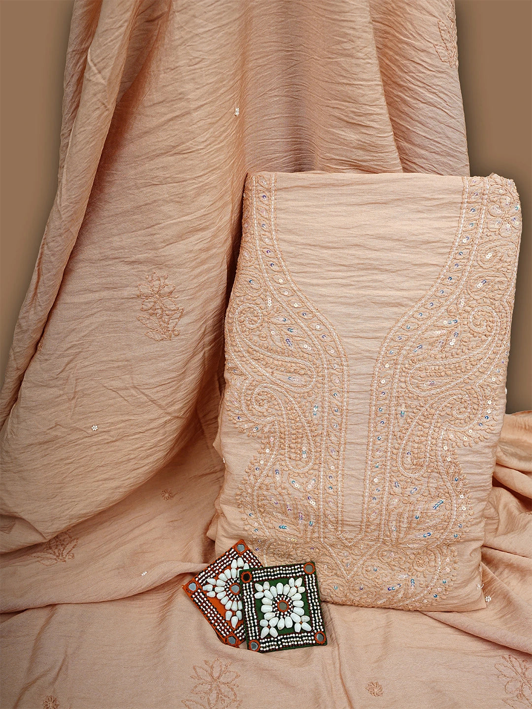 Ada Hand Embroidered Peach Parfait Chanderi Lucknowi Chikankari Unstitched Kurta Dupatta Set With Zari Work 01A890237
