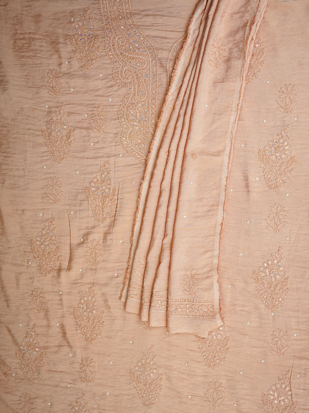 Ada Hand Embroidered Peach Parfait Chanderi Lucknowi Chikankari Unstitched Kurta Dupatta Set With Zari Work 01A890237