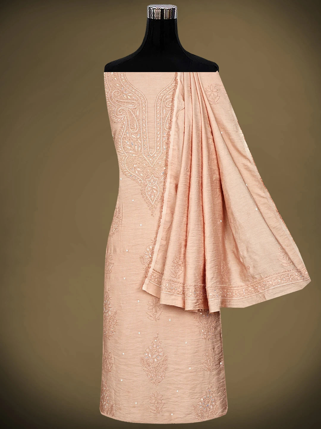 Ada Hand Embroidered Peach Parfait Chanderi Lucknowi Chikankari Unstitched Kurta Dupatta Set With Zari Work 01A890237