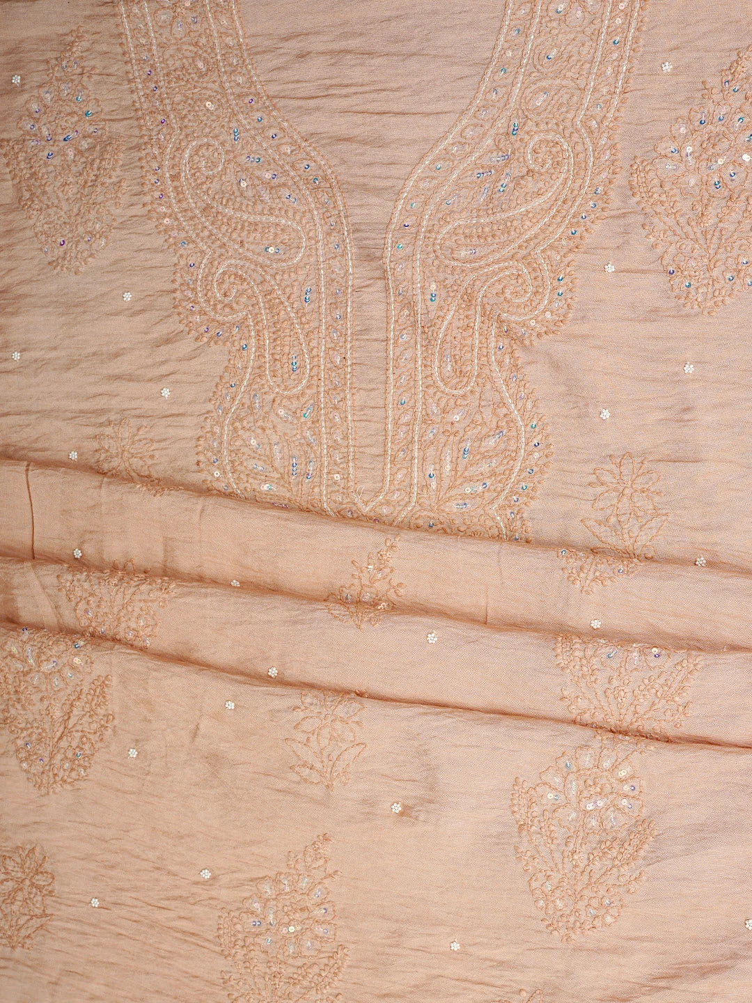 Ada Hand Embroidered Peach Parfait Chanderi Lucknowi Chikankari Unstitched Kurta Dupatta Set With Zari Work 01A890237