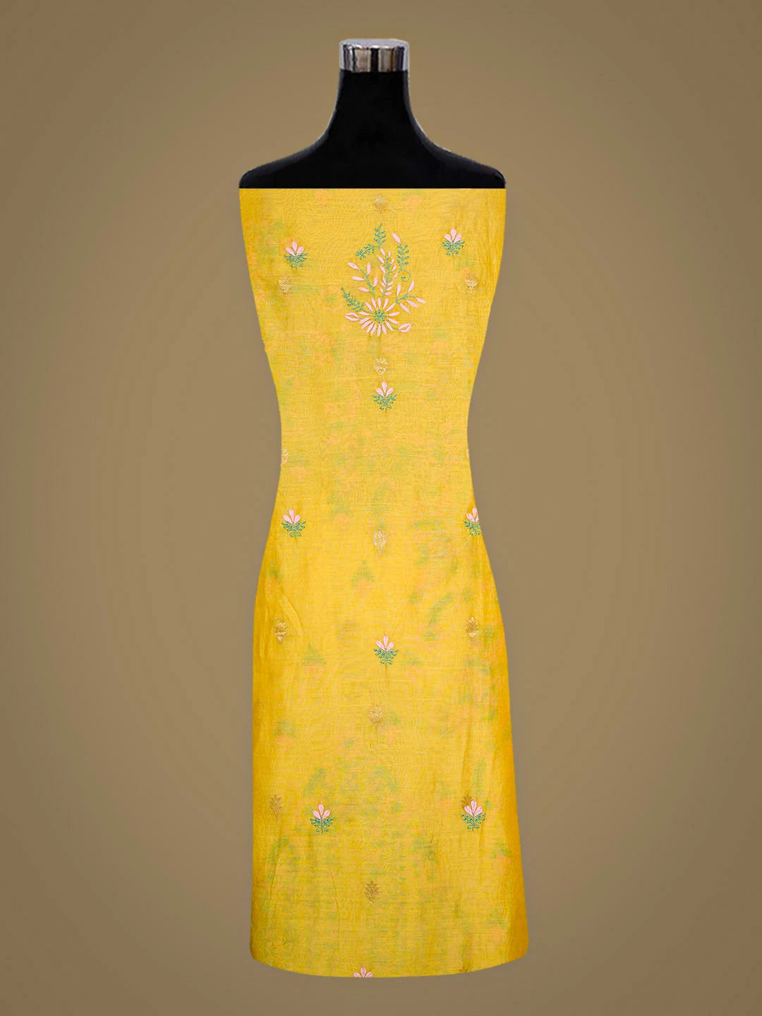 Ada Hand Embroidered Mustard Yellow Chanderi Lucknowi Chikankari Unstitched Kurta Dupatta Set 01A918367