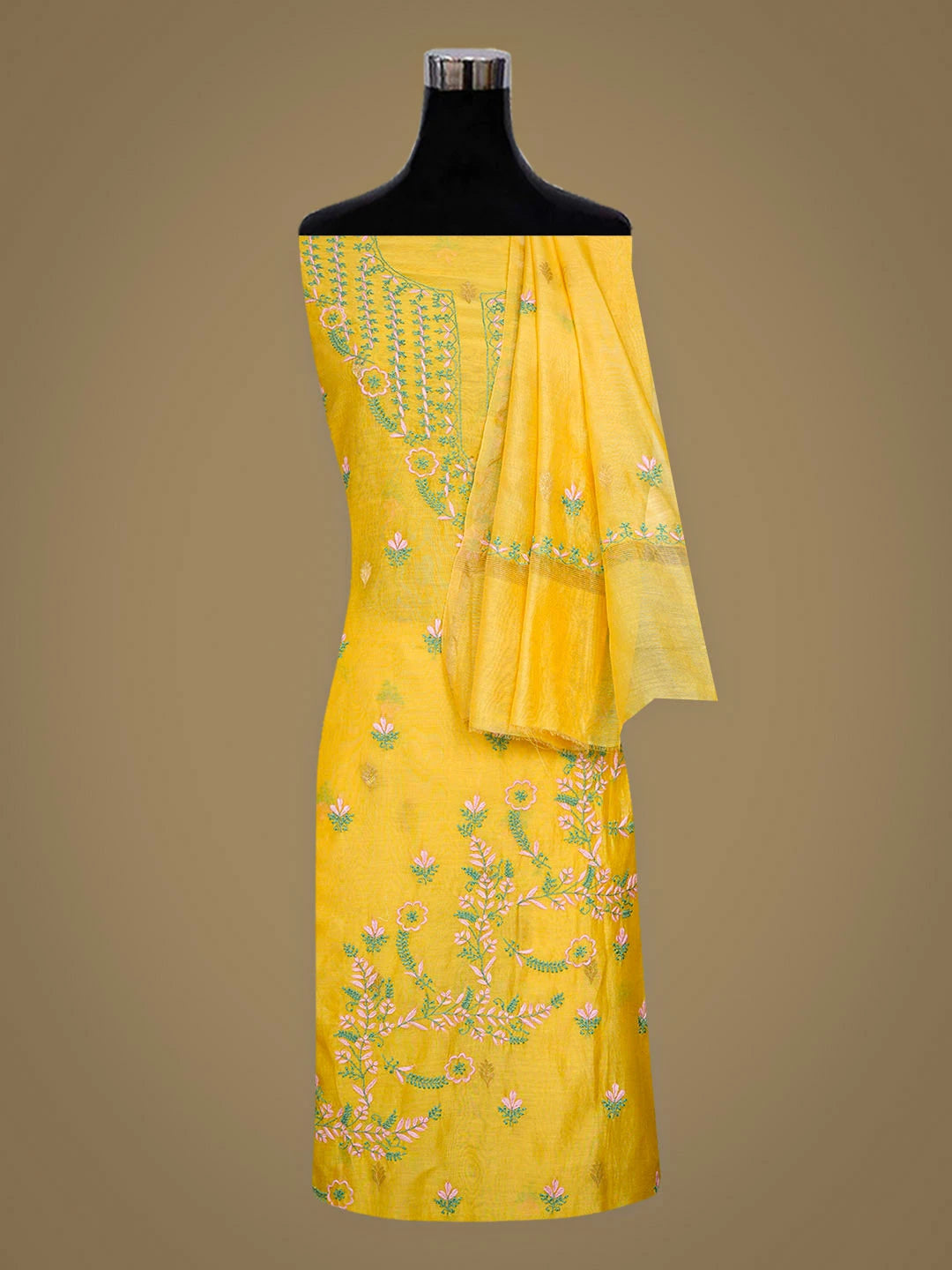 Ada Hand Embroidered Mustard Yellow Chanderi Lucknowi Chikankari Unstitched Kurta Dupatta Set 01A918367