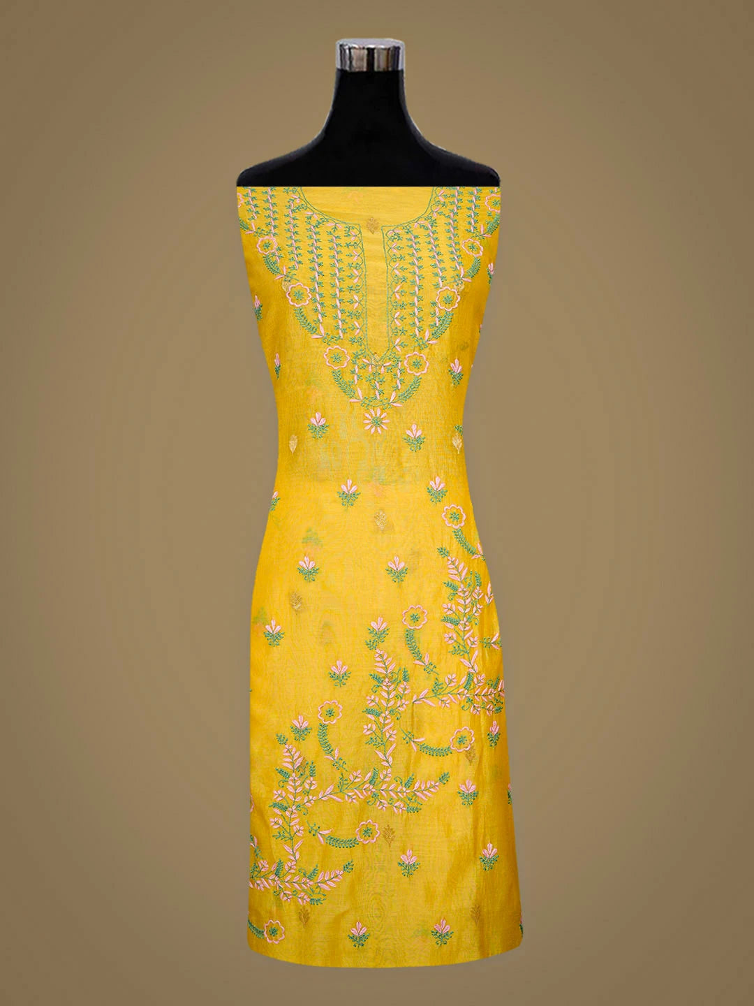 Ada Hand Embroidered Mustard Yellow Chanderi Lucknowi Chikankari Unstitched Kurta Dupatta Set 01A918367