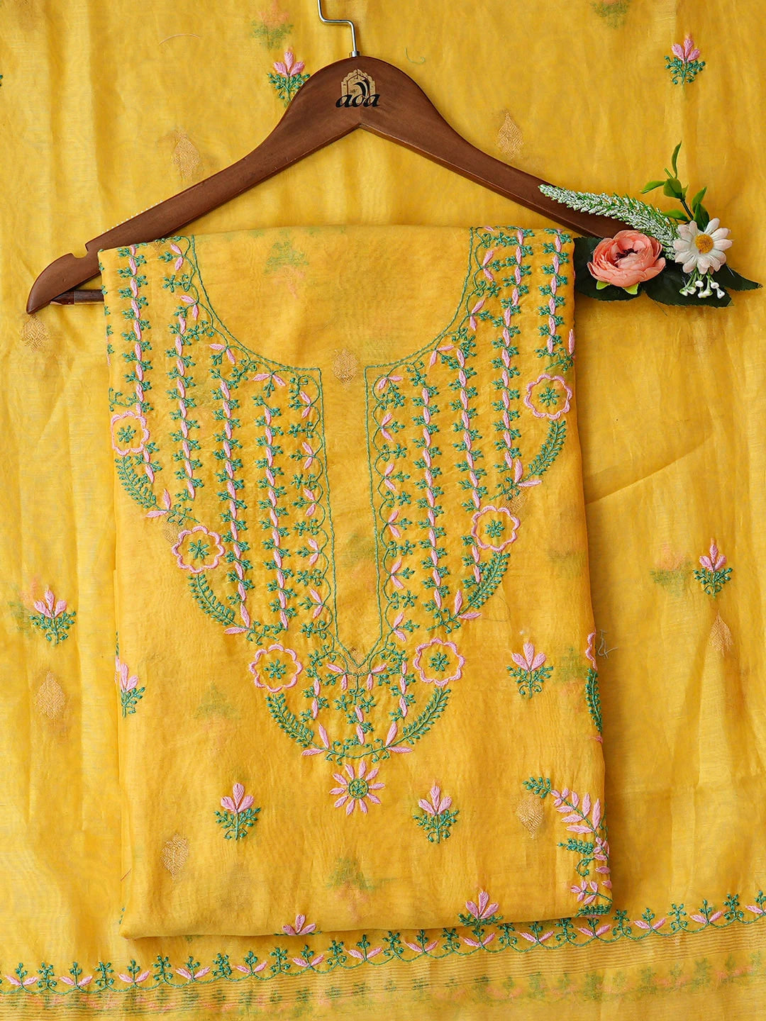 Ada Hand Embroidered Mustard Yellow Chanderi Lucknowi Chikankari Unstitched Kurta Dupatta Set 01A918367