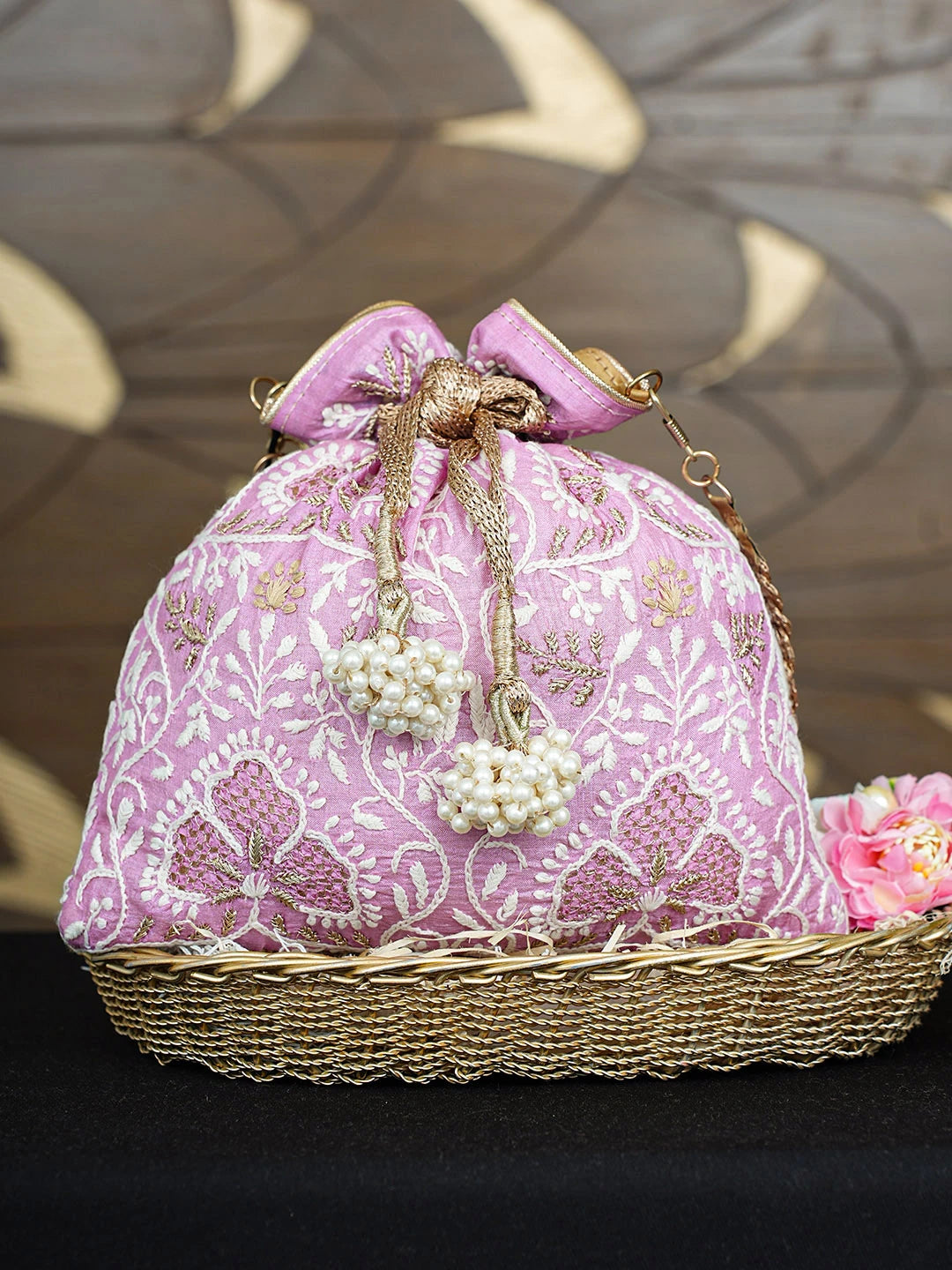 Ada Hand Embroidered Pink Silk Lucknowi Chikankari Potli Bag With Zari Work 01A894420