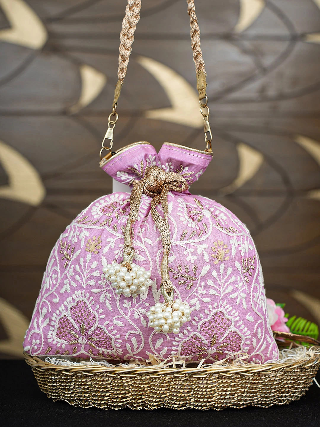 Ada Hand Embroidered Pink Silk Lucknowi Chikankari Potli Bag With Zari Work 01A894420