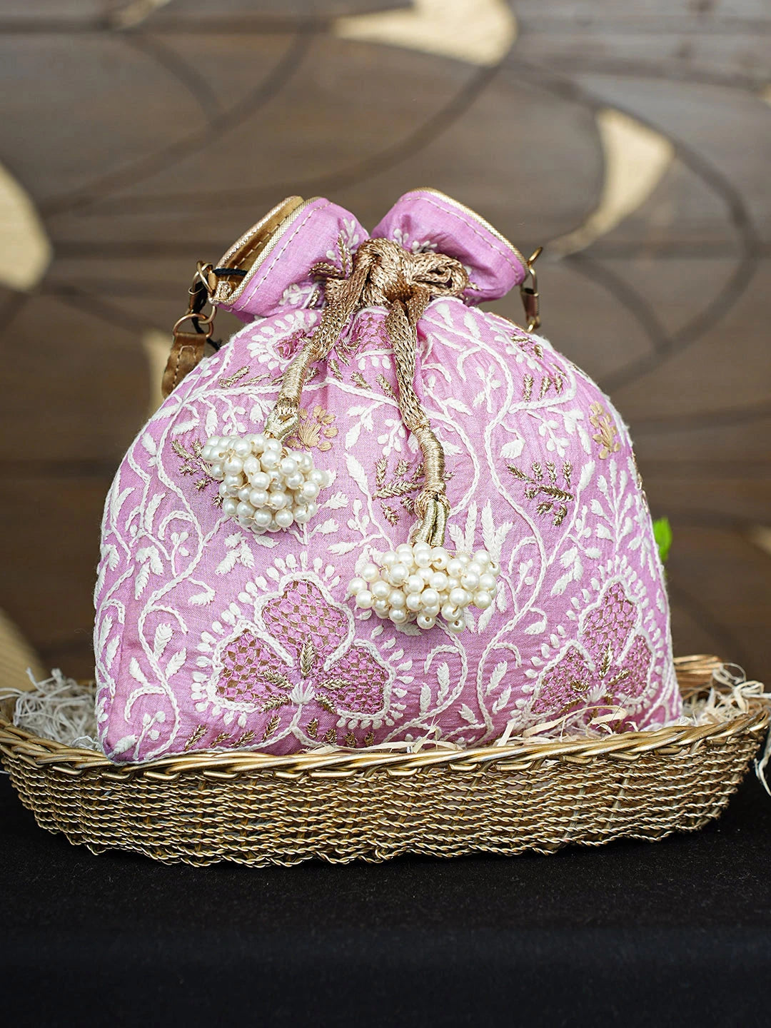 Ada Hand Embroidered Pink Silk Lucknowi Chikankari Potli Bag With Zari Work 01A894420