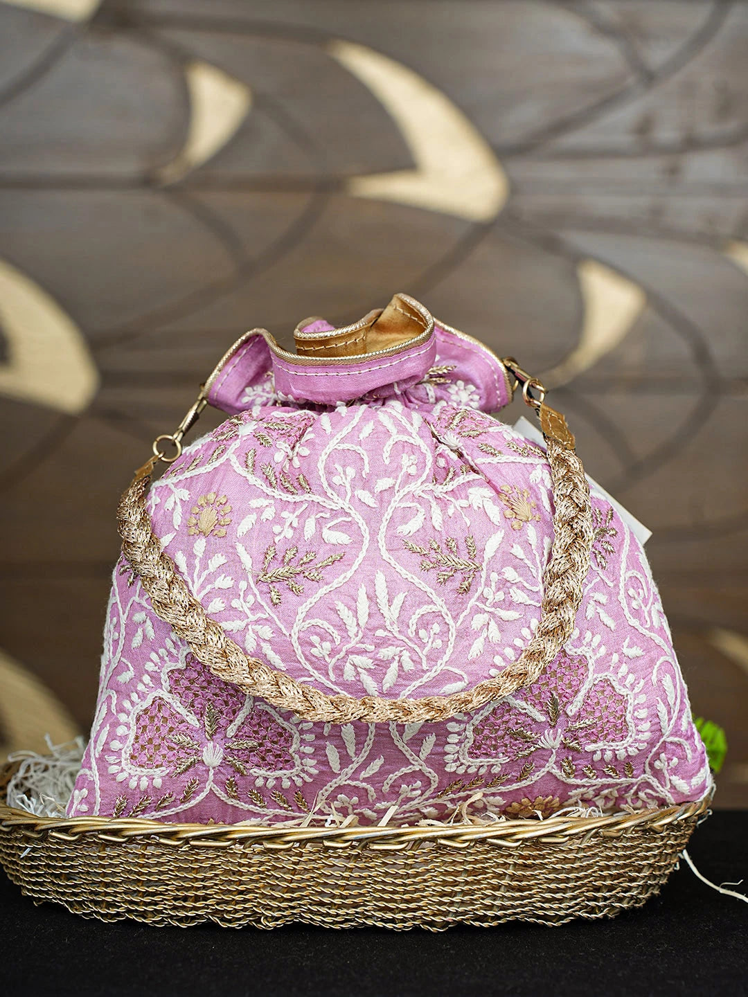 Ada Hand Embroidered Pink Silk Lucknowi Chikankari Potli Bag With Zari Work 01A894420