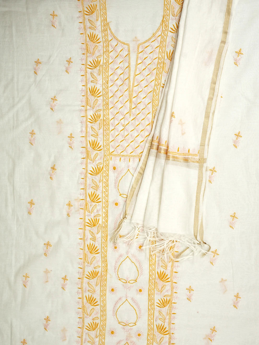 Ada Hand Embroidered White Cornsilk  Chanderi Lucknowi Chikankari Unstitched Kurta Dupatta Set 01A903152