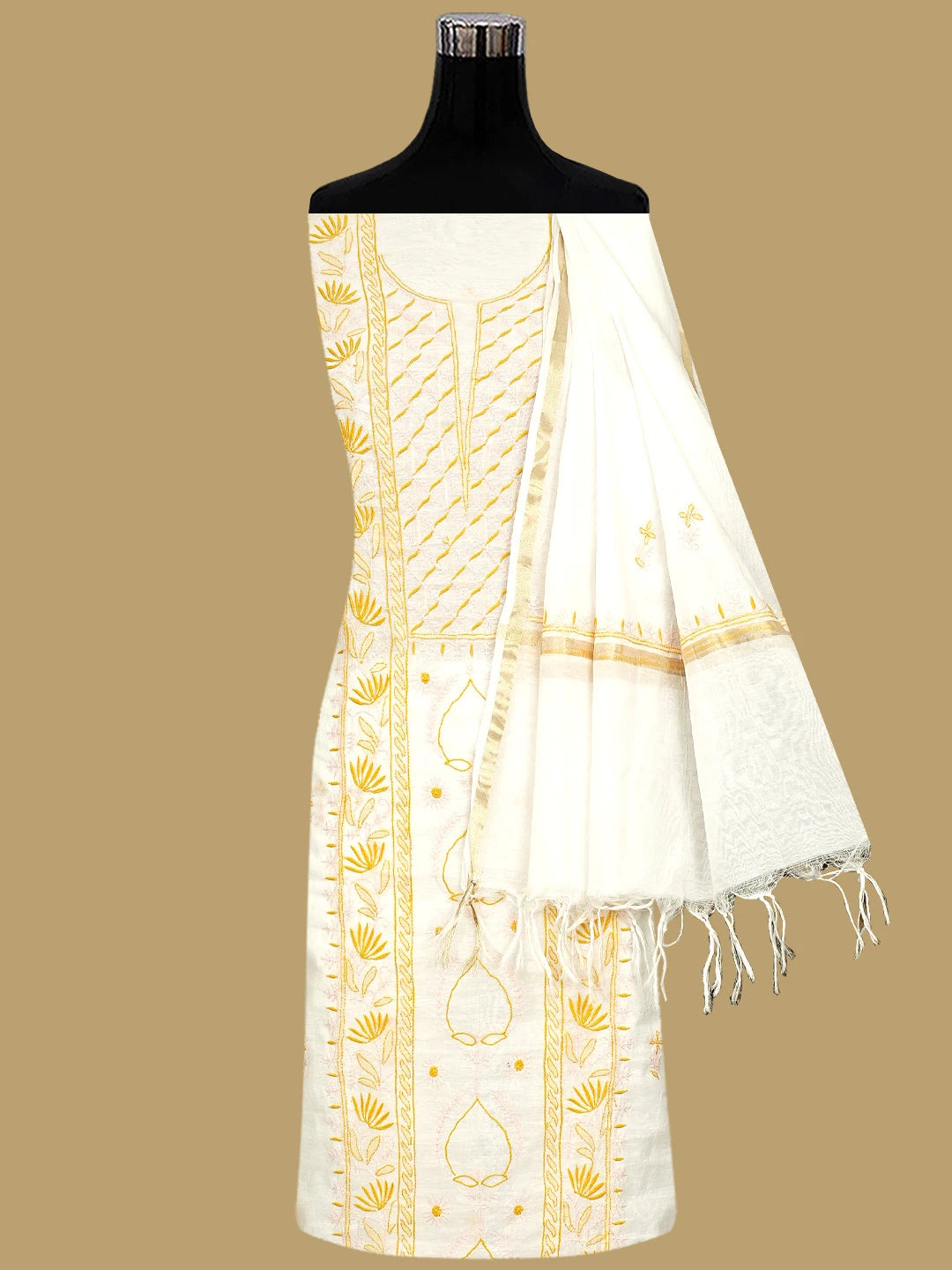 Ada Hand Embroidered White Cornsilk  Chanderi Lucknowi Chikankari Unstitched Kurta Dupatta Set 01A903152