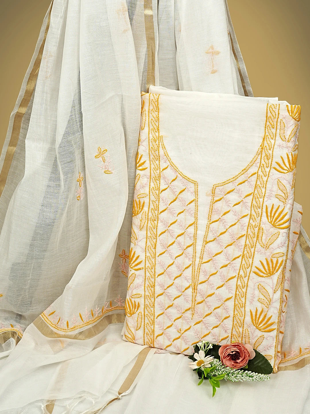 Ada Hand Embroidered White Cornsilk  Chanderi Lucknowi Chikankari Unstitched Kurta Dupatta Set 01A903152
