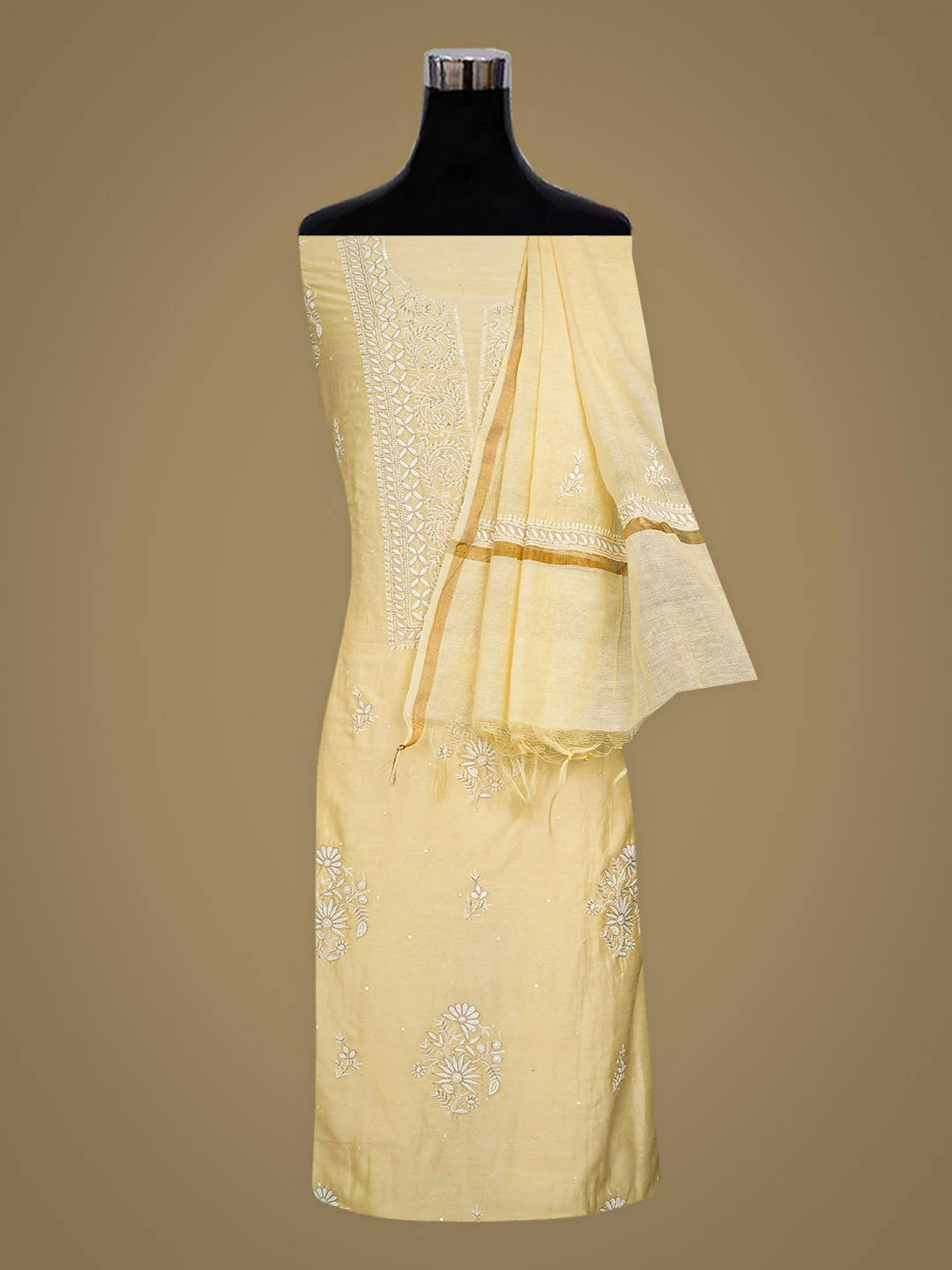 Ada Hand Embroidered Beige Chanderi Lucknowi Chikankari Unstitched Kurta Dupatta Set With Sequinned Work 01A778463