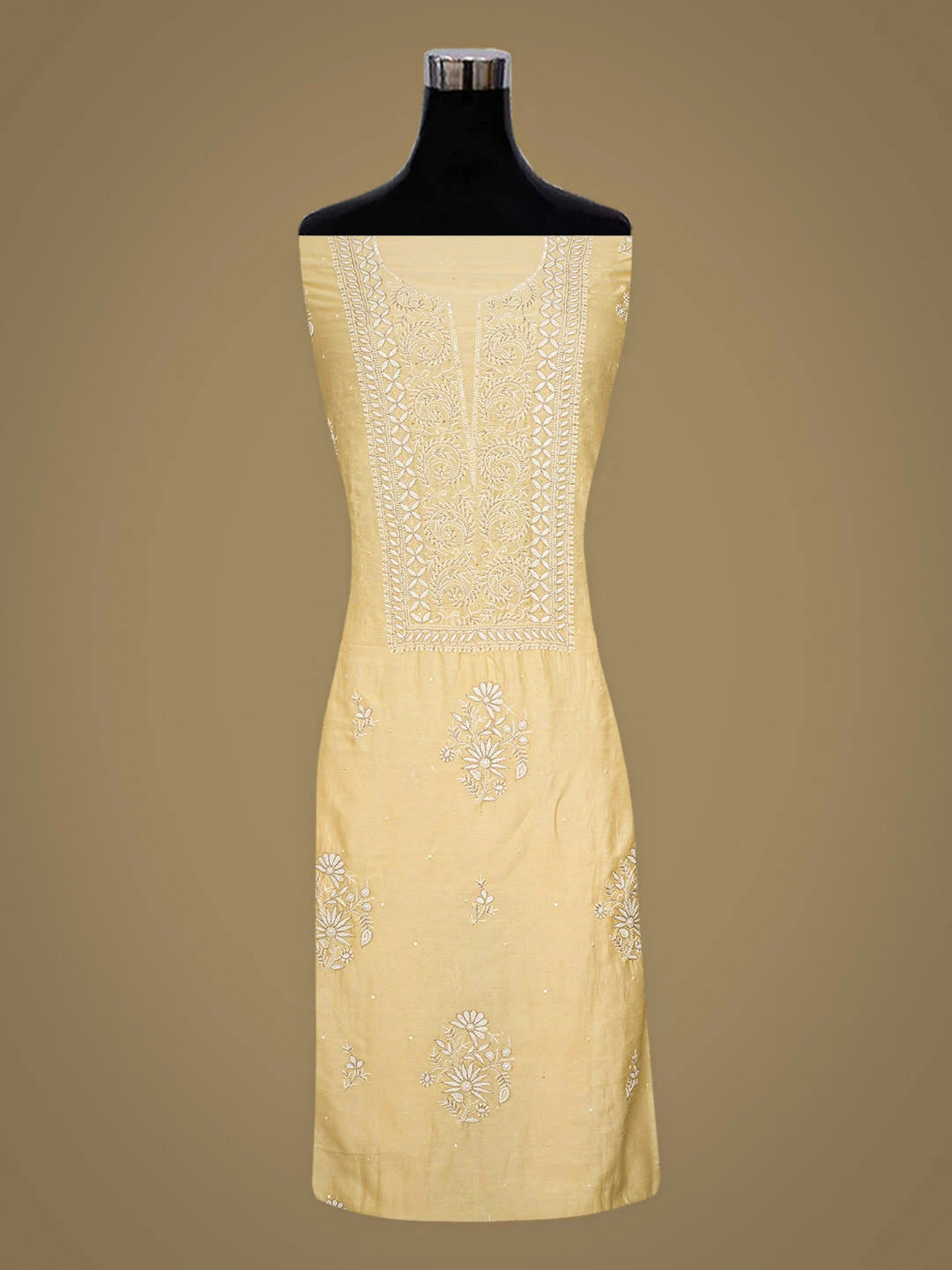Ada Hand Embroidered Beige Chanderi Lucknowi Chikankari Unstitched Kurta Dupatta Set With Sequinned Work 01A778463