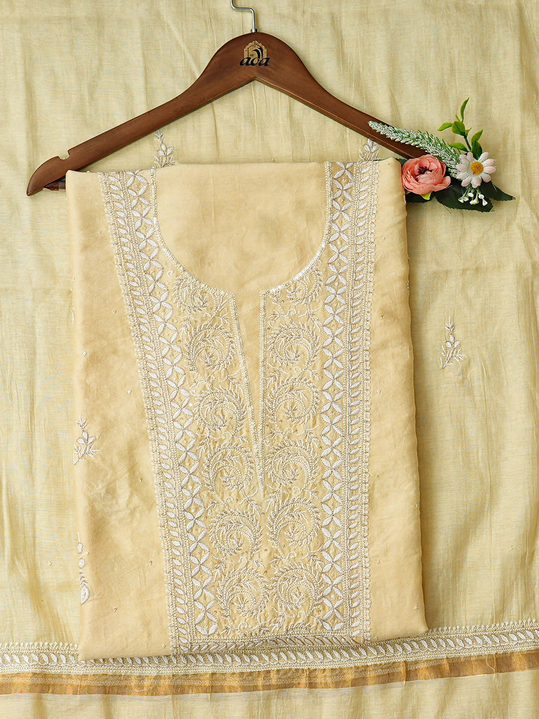 Ada Hand Embroidered Beige Chanderi Lucknowi Chikankari Unstitched Kurta Dupatta Set With Sequinned Work 01A778463