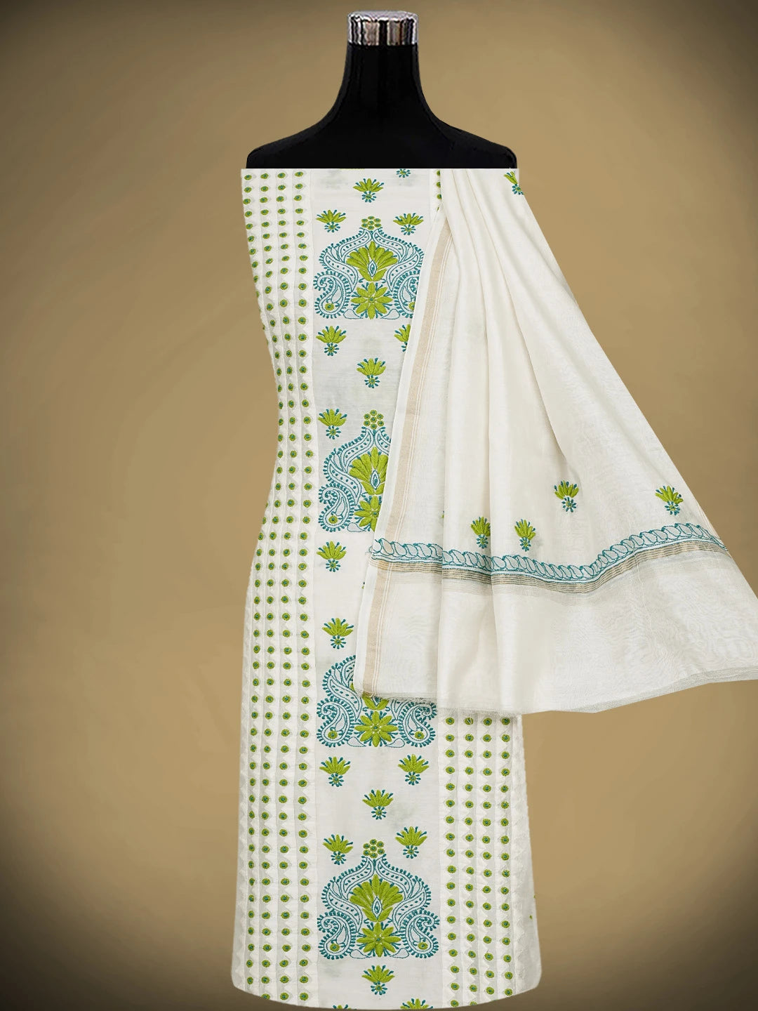 Ada Hand Embroidered White Ivory Chanderi Lucknowi Chikankari Unstitched Kurta Dupatta Set 01A904783
