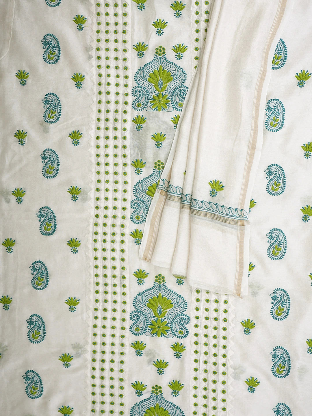 Ada Hand Embroidered White Ivory Chanderi Lucknowi Chikankari Unstitched Kurta Dupatta Set 01A904783