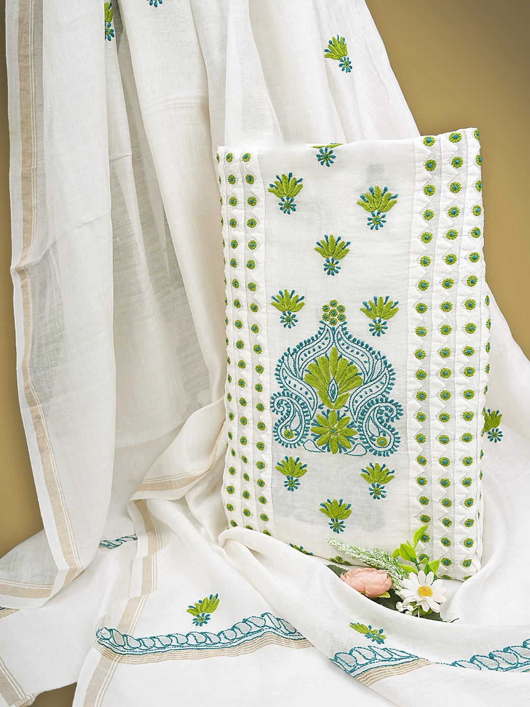 Ada Hand Embroidered White Ivory Chanderi Lucknowi Chikankari Unstitched Kurta Dupatta Set 01A904783