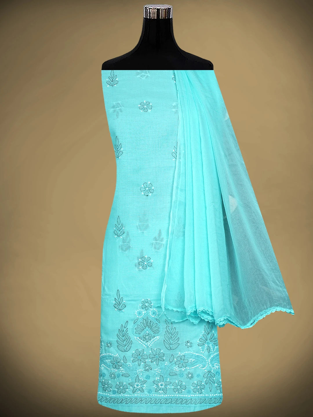 Ada Hand Embroidered Blue Cotton Lucknowi Chikankari Unstitched Suit Piece 01A886788