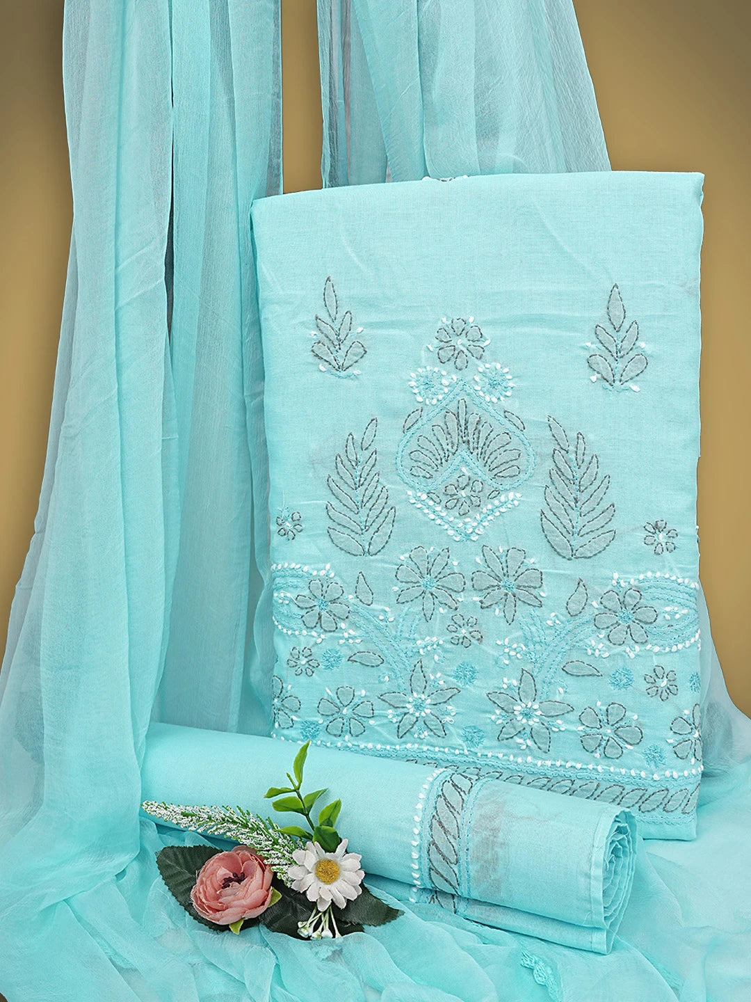 Ada Hand Embroidered Blue Cotton Lucknowi Chikankari Unstitched Suit Piece 01A886788