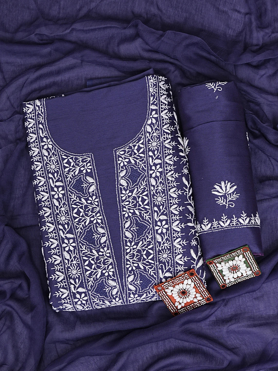 Ada Hand Embroidered Nevy Blue Chanderi Lucknowi Chikankari Unstitched Suit Piece 01A932491