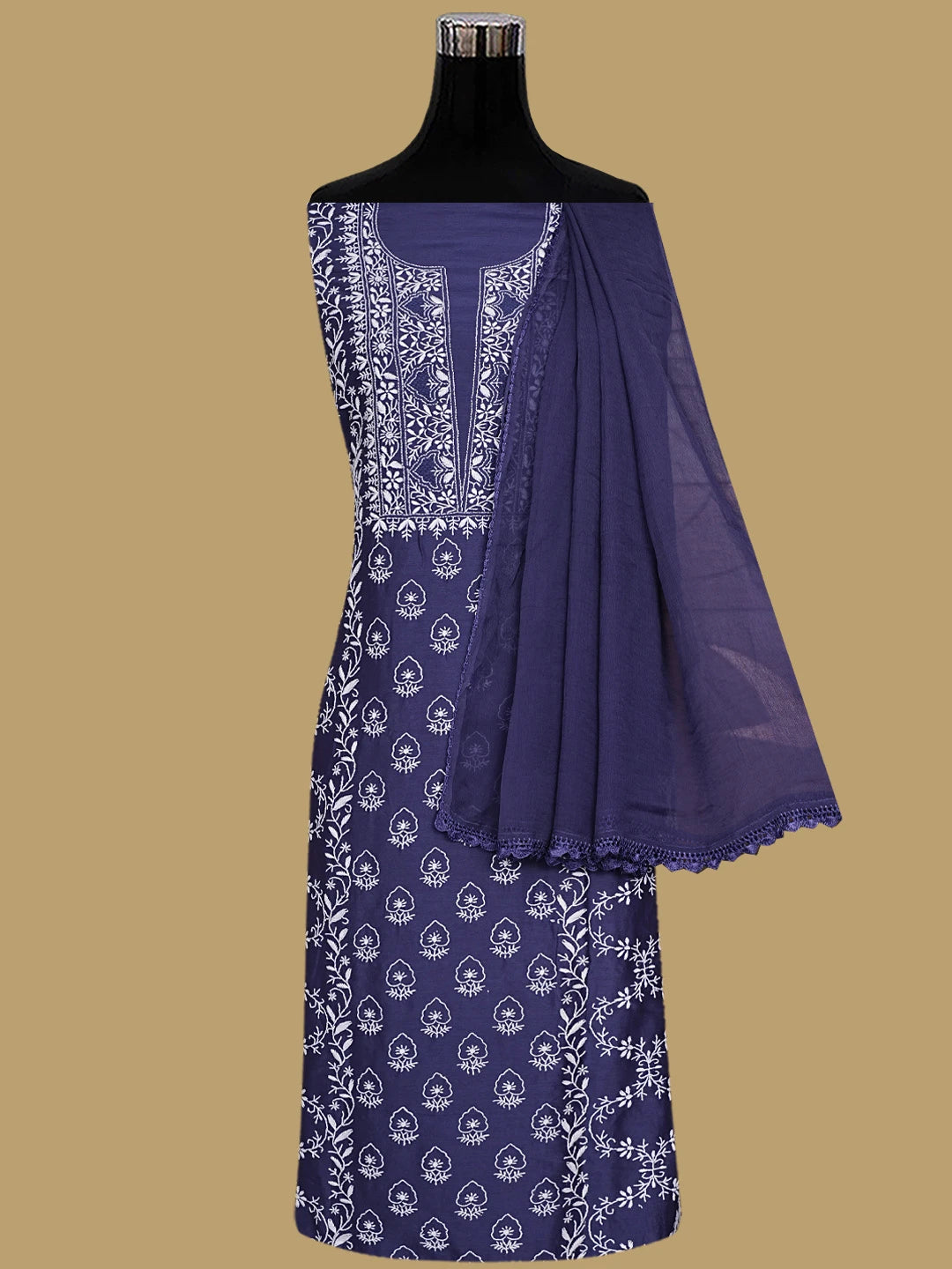 Ada Hand Embroidered Nevy Blue Chanderi Lucknowi Chikankari Unstitched Suit Piece 01A932491