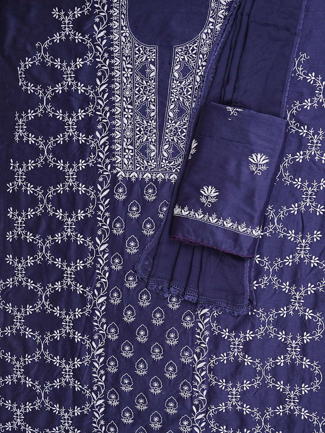 Ada Hand Embroidered Nevy Blue Chanderi Lucknowi Chikankari Unstitched Suit Piece 01A932491