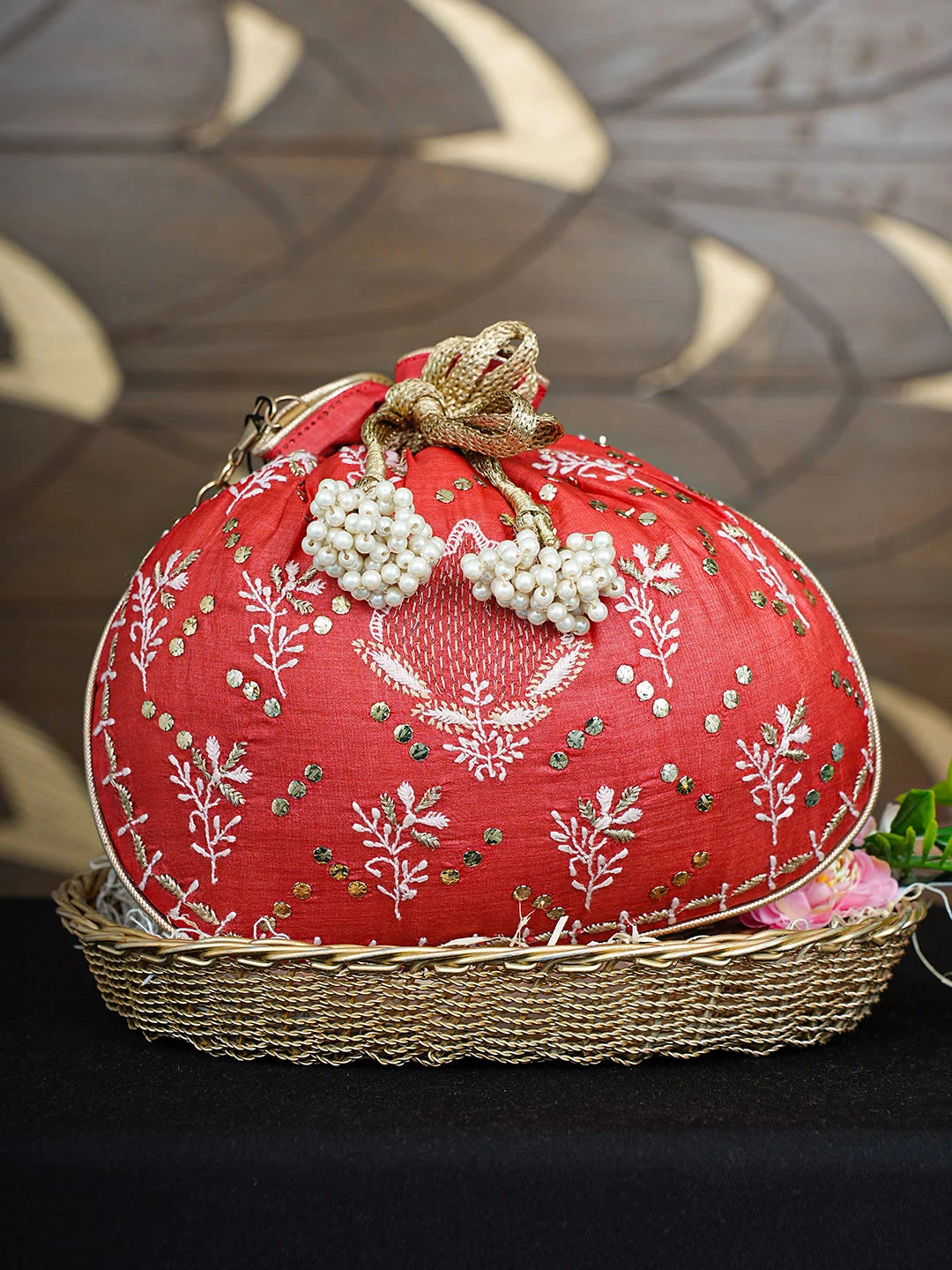Ada Hand Embroidered Red Silk Lucknowi Chikankari Potli Bag With Zari Work 01A921452