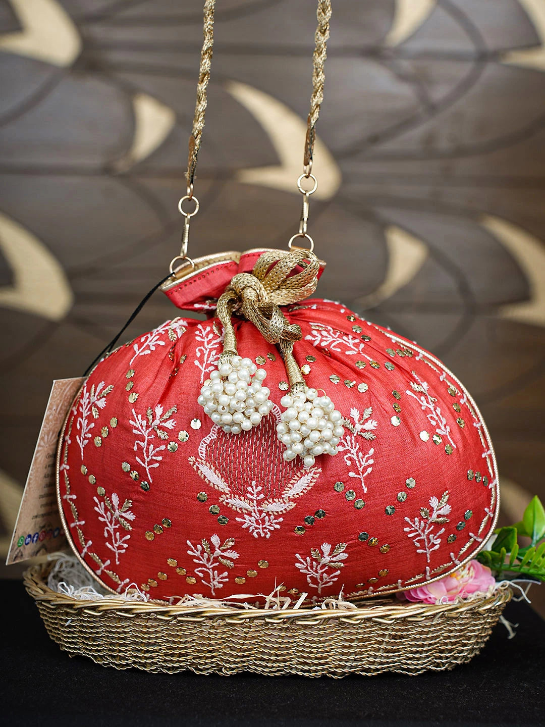 Ada Hand Embroidered Red Silk Lucknowi Chikankari Potli Bag With Zari Work 01A921452