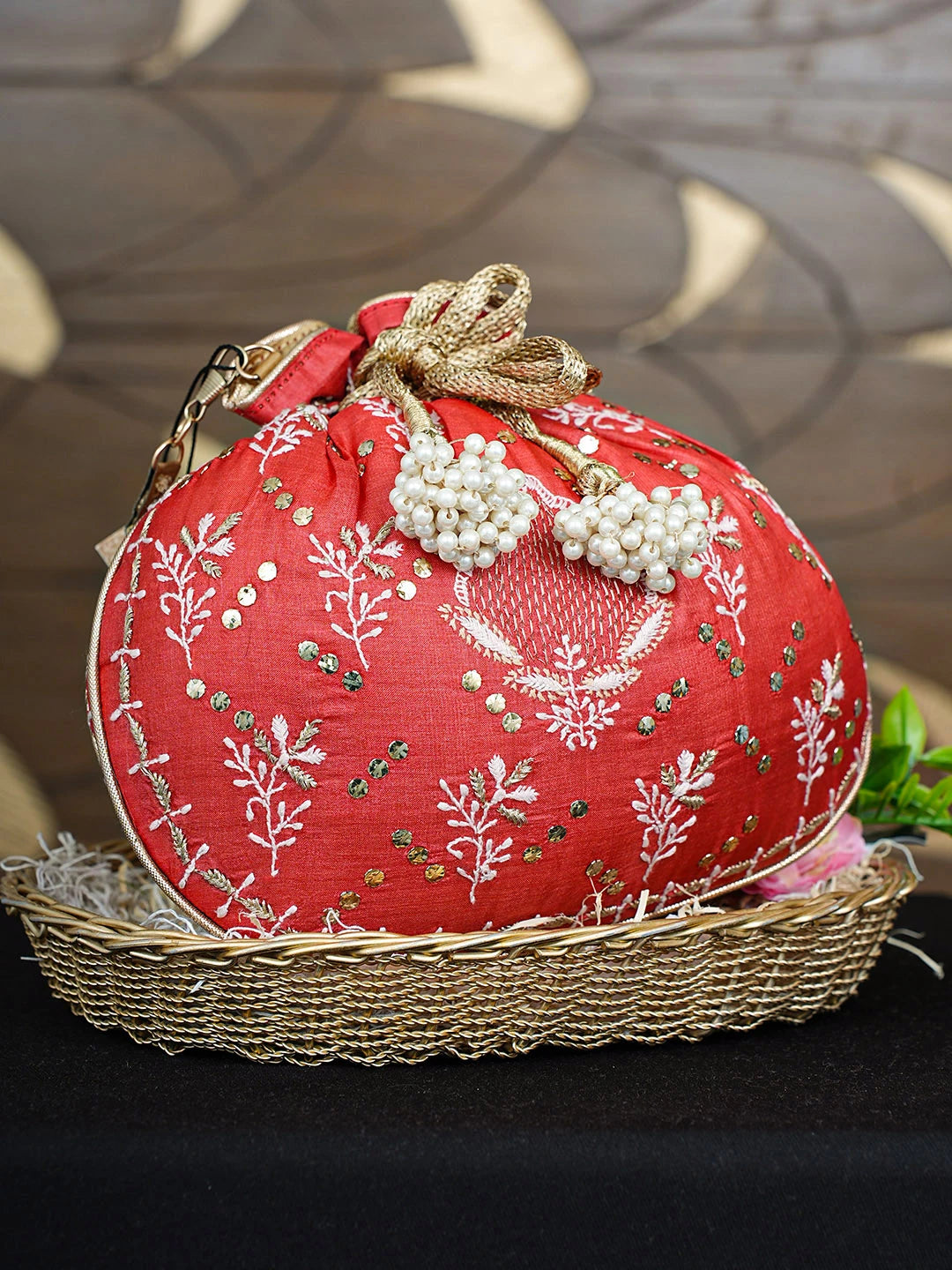 Ada Hand Embroidered Red Silk Lucknowi Chikankari Potli Bag With Zari Work 01A921452
