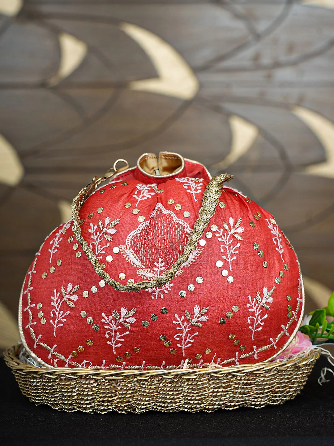 Ada Hand Embroidered Red Silk Lucknowi Chikankari Potli Bag With Zari Work 01A921452
