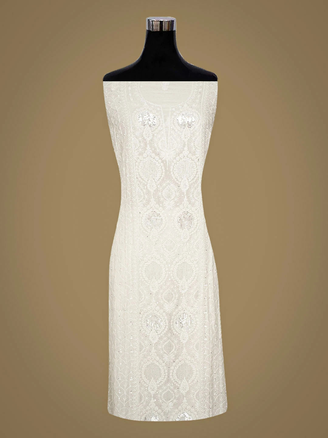 Ada Hand Embroidered White Chanderi Lucknowi Chikankari Semi-Stitched Kurta Dupatta Set With Cutdana Work 01A935509