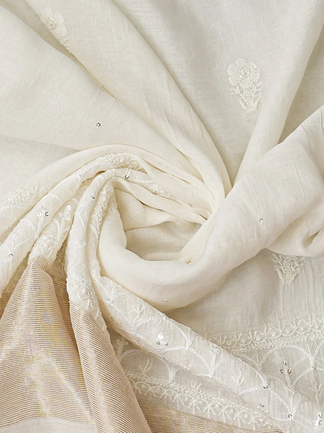 Ada Hand Embroidered White Chanderi Lucknowi Chikankari Semi-Stitched Kurta Dupatta Set With Cutdana Work 01A935509