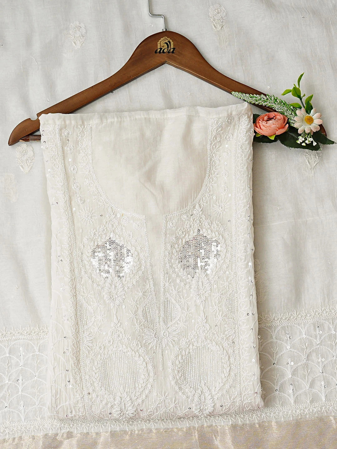 Ada Hand Embroidered White Chanderi Lucknowi Chikankari Semi-Stitched Kurta Dupatta Set With Cutdana Work 01A935509