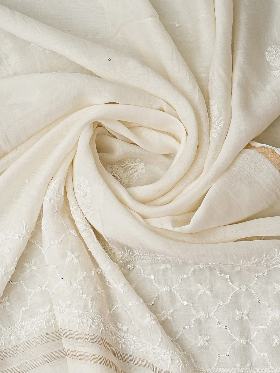 Ada Hand Embroidered White Chanderi Lucknowi Chikankari Semi-Stitched Kurta Dupatta Set With Sequinned Work 01A935321