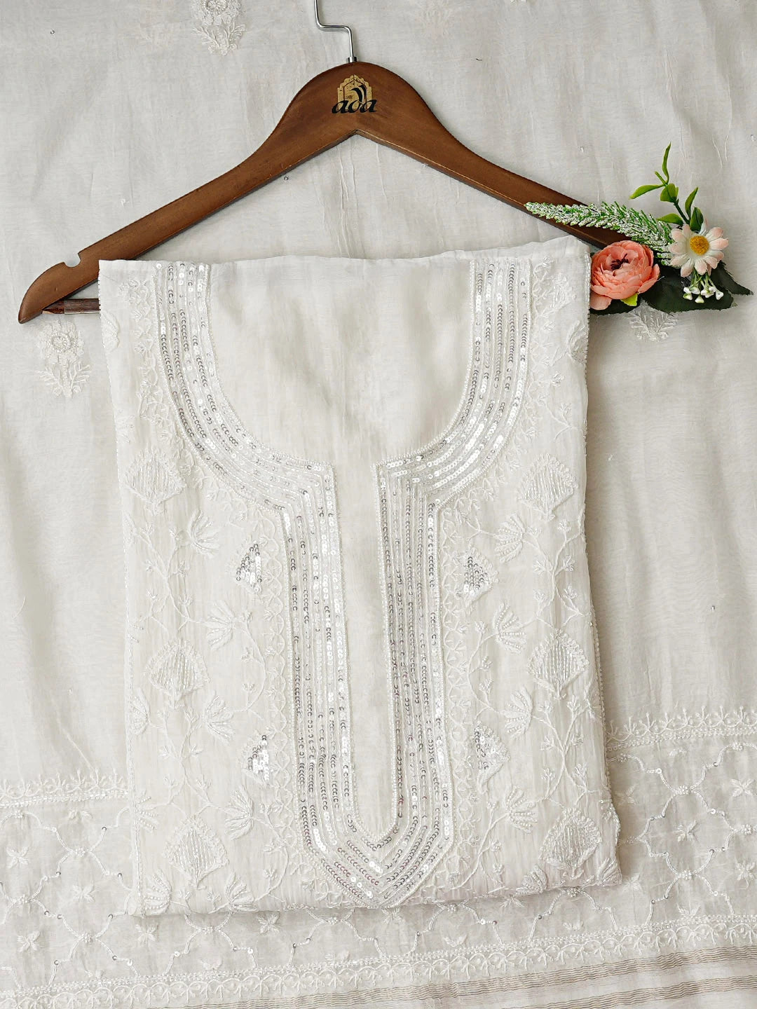 Ada Hand Embroidered White Chanderi Lucknowi Chikankari Semi-Stitched Kurta Dupatta Set With Sequinned Work 01A935321