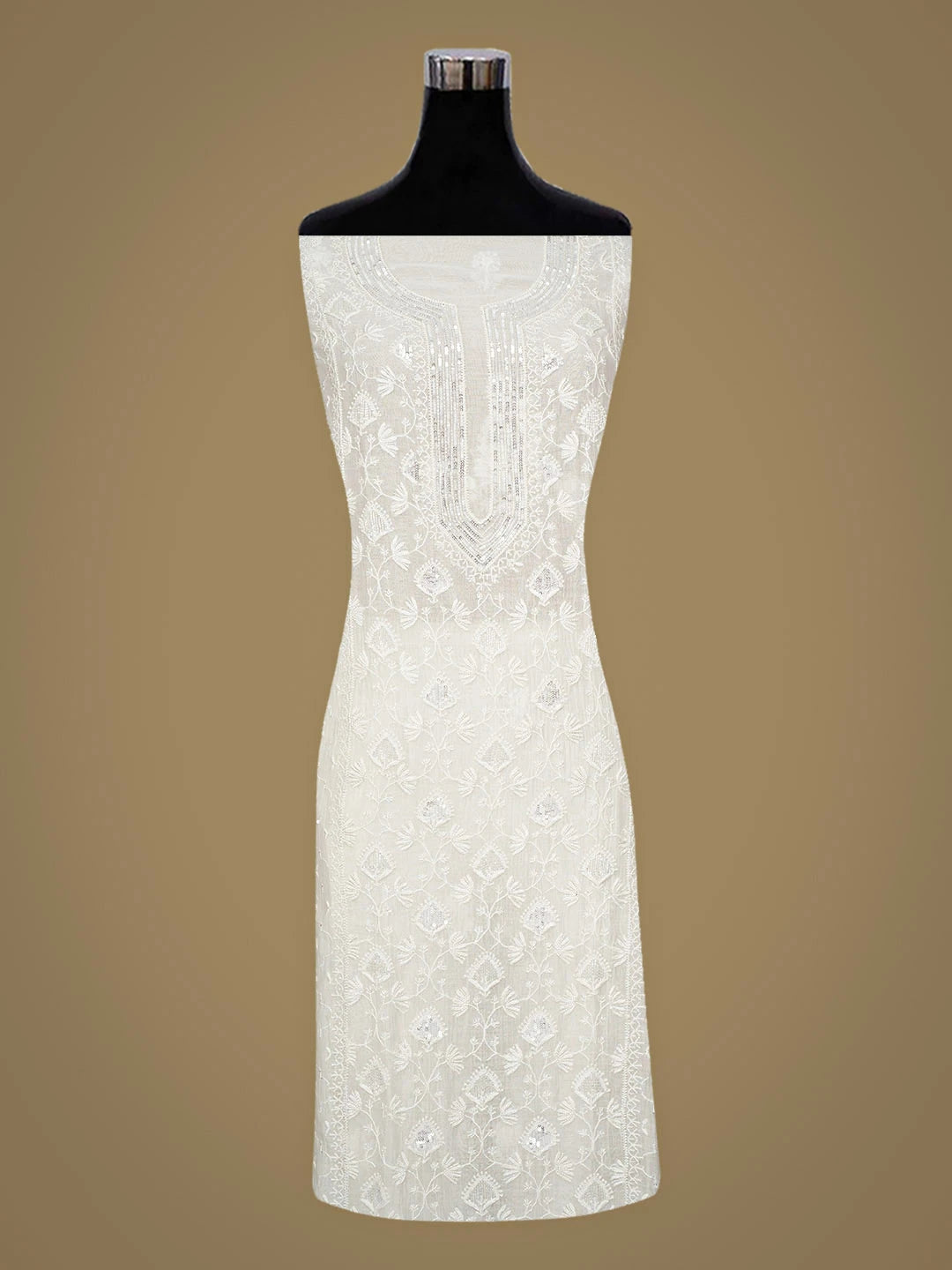 Ada Hand Embroidered White Chanderi Lucknowi Chikankari Semi-Stitched Kurta Dupatta Set With Sequinned Work 01A935321