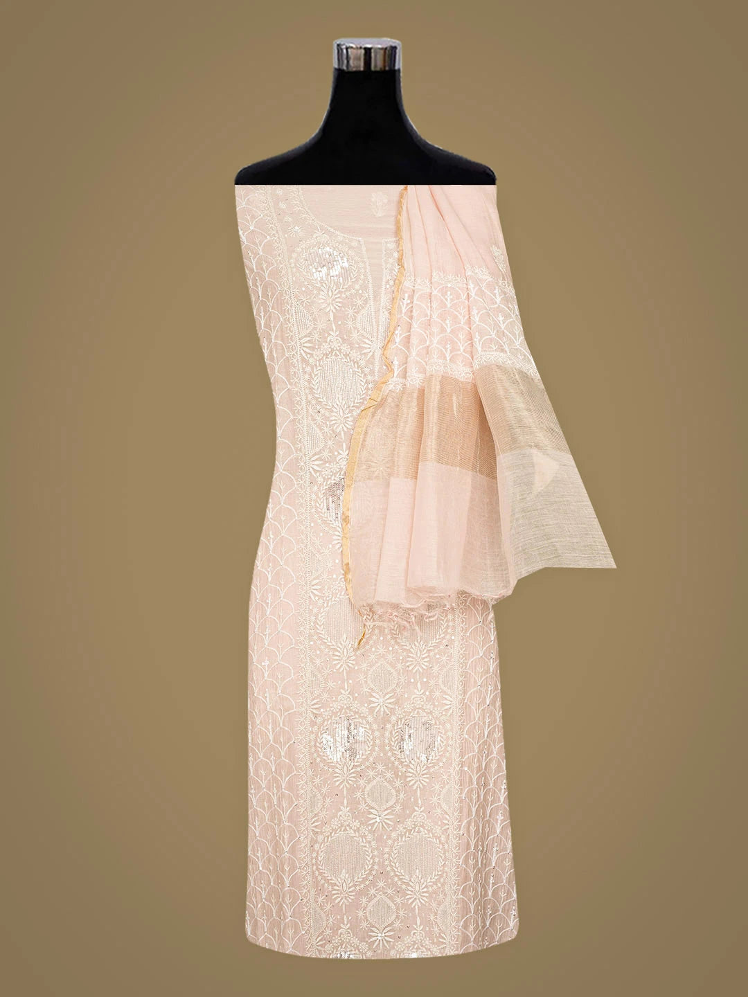 Ada Hand Embroidered Peach Chanderi Lucknowi Chikankari Semi-Stitched Kurta Dupatta Set With Sequinned Work 01A935505