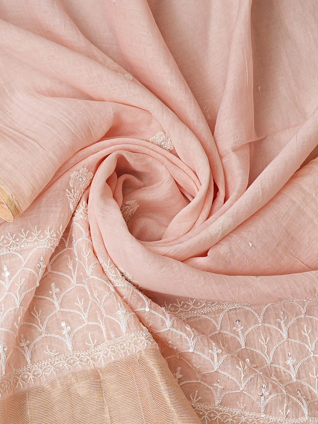 Ada Hand Embroidered Peach Chanderi Lucknowi Chikankari Semi-Stitched Kurta Dupatta Set With Sequinned Work 01A935505