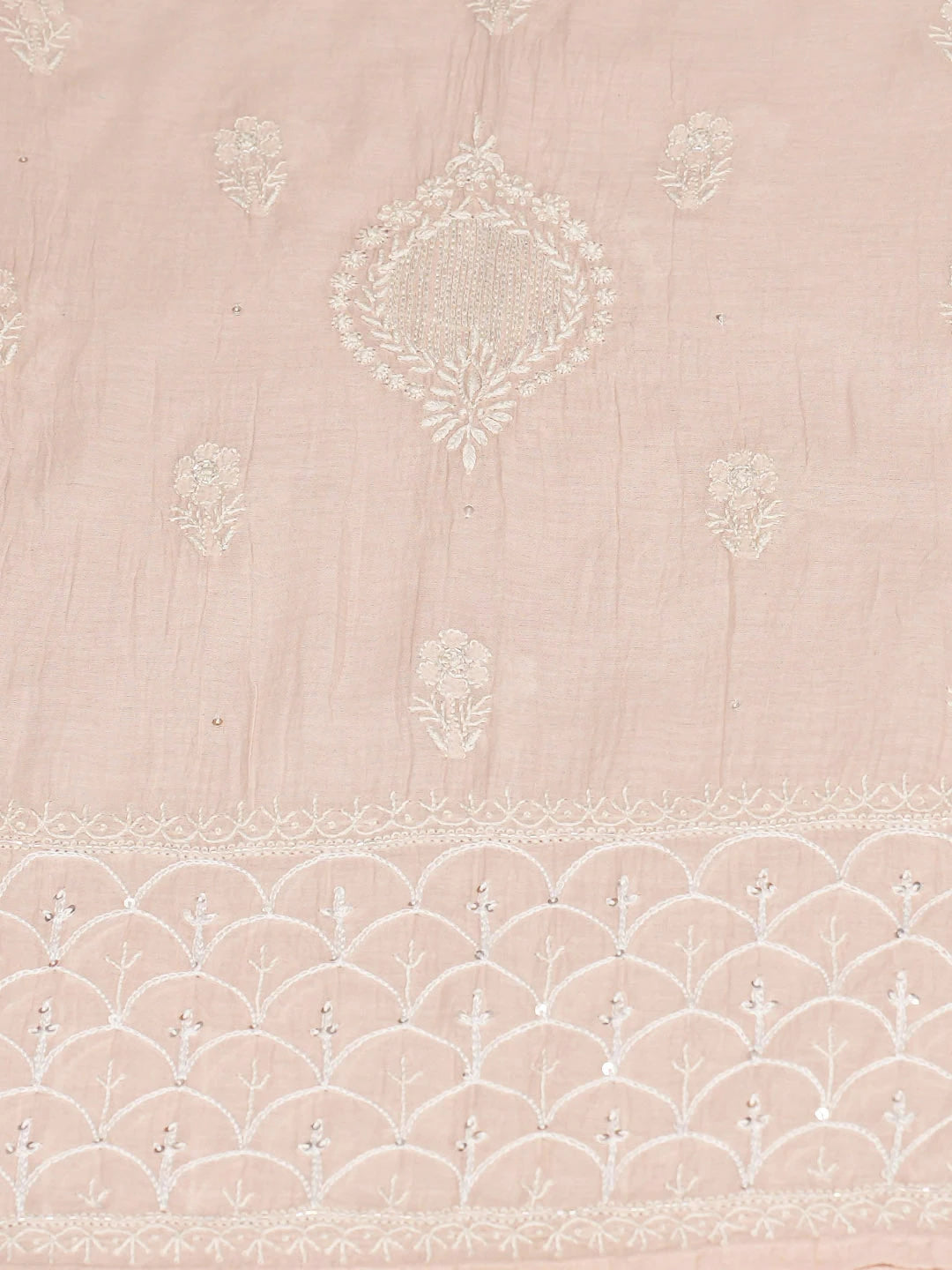 Ada Hand Embroidered Peach Chanderi Lucknowi Chikankari Semi-Stitched Kurta Dupatta Set With Sequinned Work 01A935505