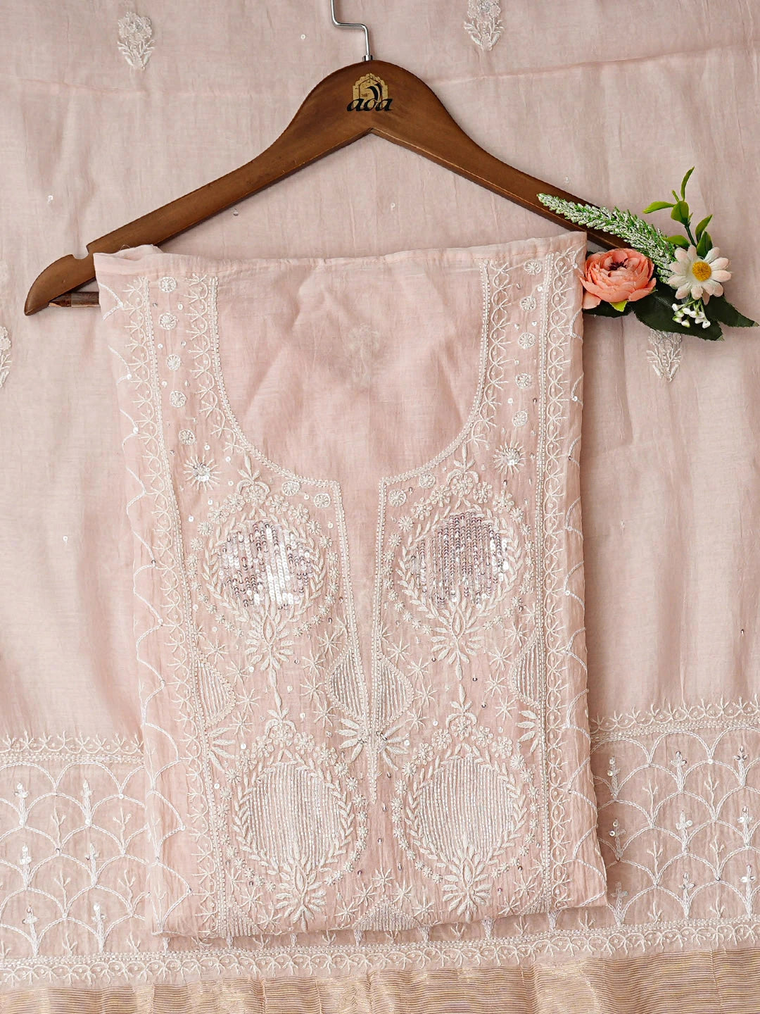 Ada Hand Embroidered Peach Chanderi Lucknowi Chikankari Semi-Stitched Kurta Dupatta Set With Sequinned Work 01A935505