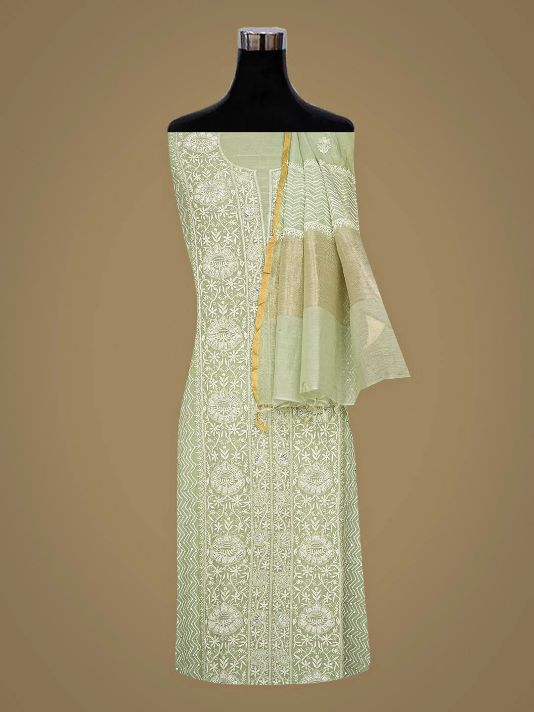 Ada Hand Embroidered Green Chanderi Lucknowi Chikankari Semi-Stitched Kurta Dupatta Set With Pearl Work 01A935423