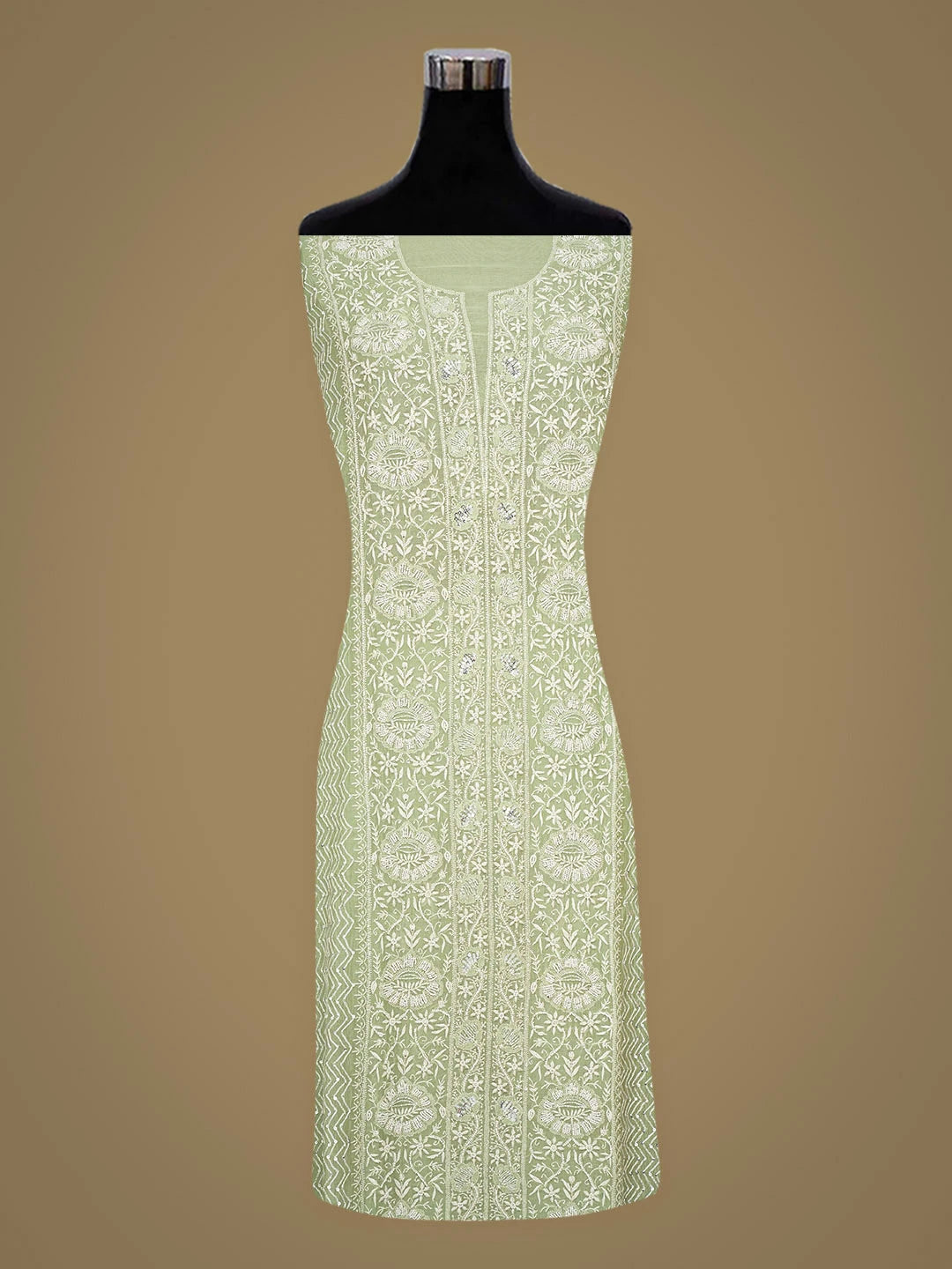 Ada Hand Embroidered Green Chanderi Lucknowi Chikankari Semi-Stitched Kurta Dupatta Set With Pearl Work 01A935423