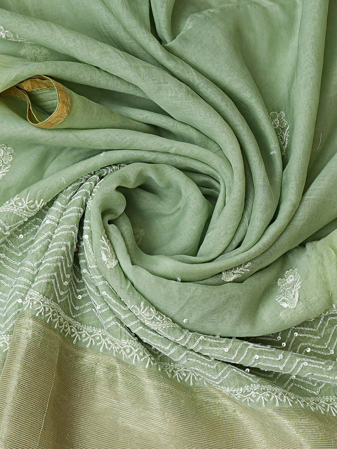 Ada Hand Embroidered Green Chanderi Lucknowi Chikankari Semi-Stitched Kurta Dupatta Set With Pearl Work 01A935423