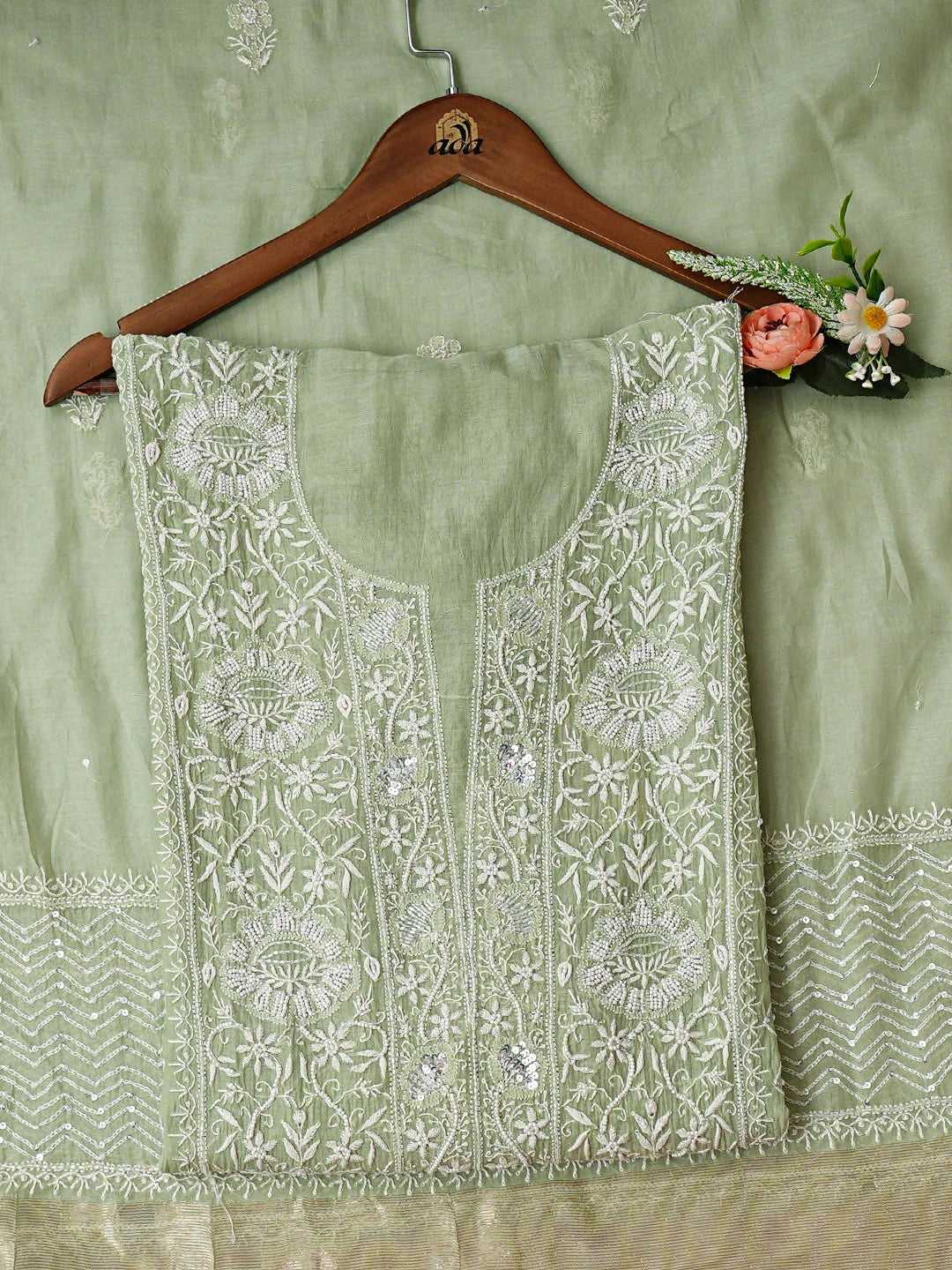 Ada Hand Embroidered Green Chanderi Lucknowi Chikankari Semi-Stitched Kurta Dupatta Set With Pearl Work 01A935423